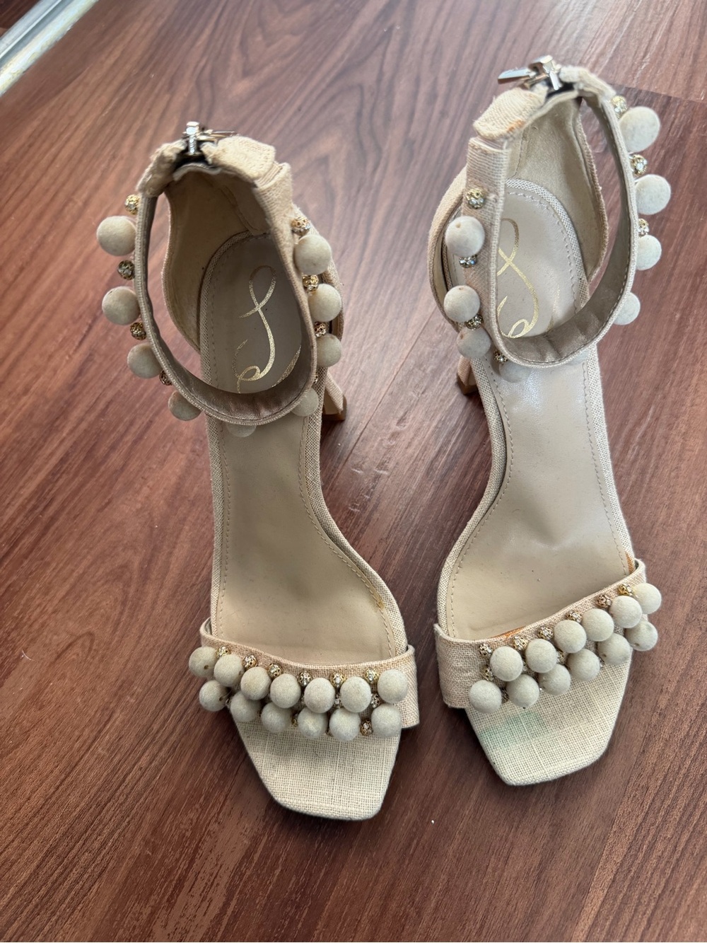 Cream Beaded Ankle Strap Heels – Statement Sandals